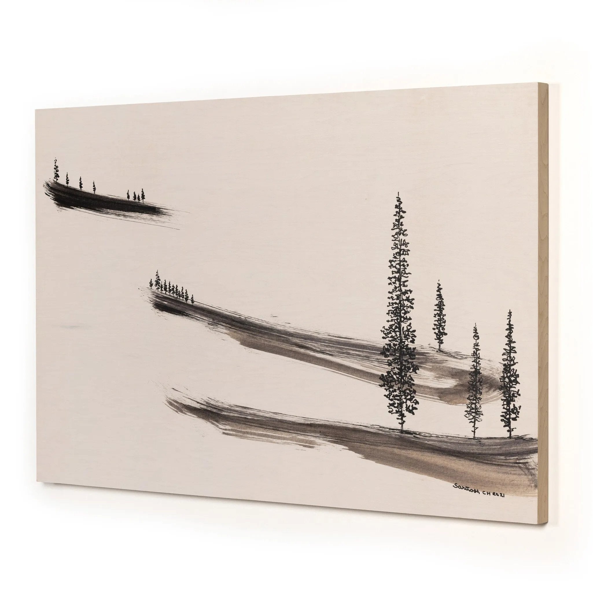 Inspired by nature, society and day-to-day life, Bangalore-based artist Santhosh CH's original piece is printed on a maple panel and framed as a wood box for a gallery-quality look. Graining and texture from the backer show through slightly for a unique look on each piece. If not currently in stock, this piece ships within three weeks. Amethyst Home provides interior design, new home construction design consulting, vintage area rugs, and lighting in the Austin metro area.