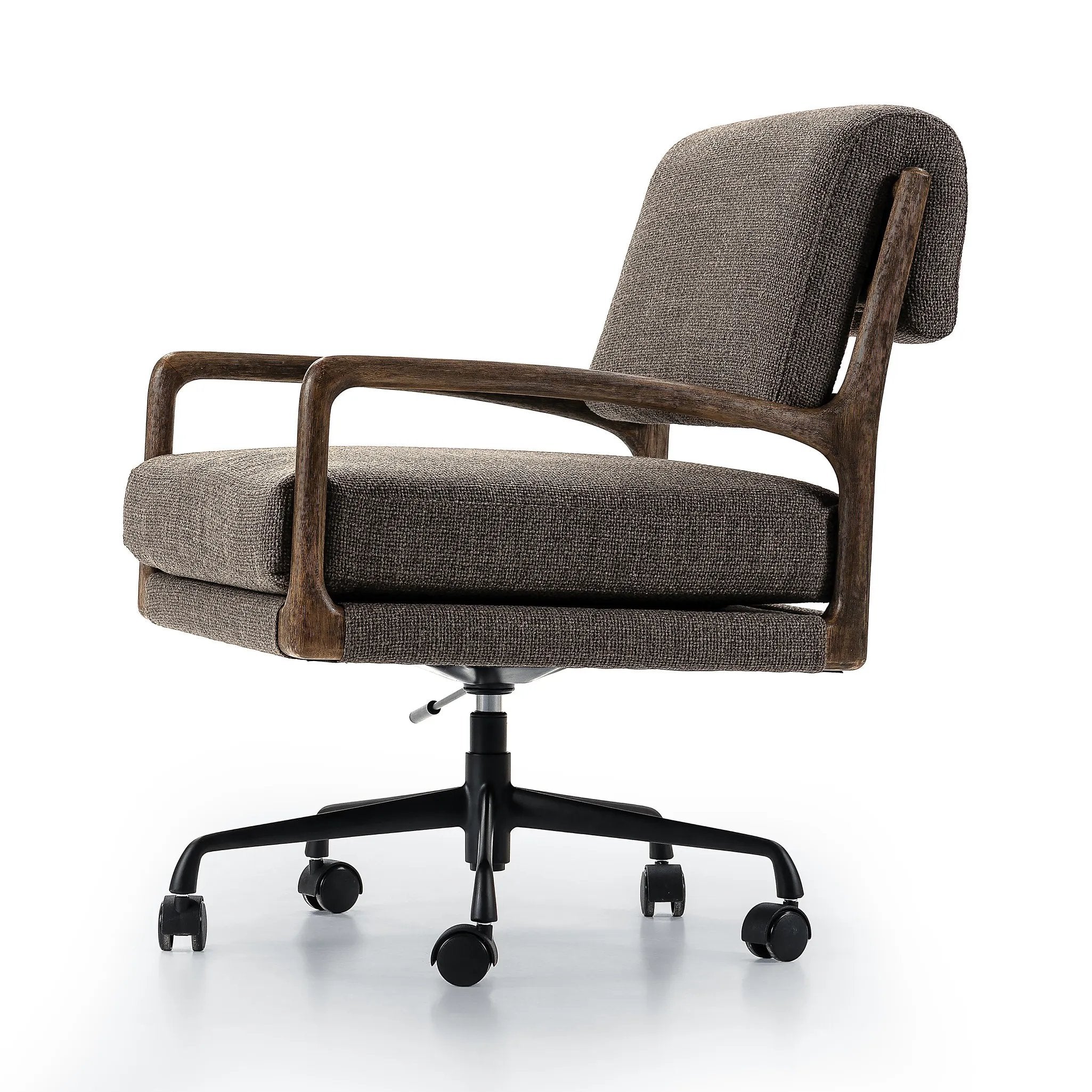 Featuring Maguire Gibson Mink Desk Chair by Four Hands at Amethyst Home. Foldover back detailing brings a sense of softness to a comfort-driven desk chair upholstered in high-performance fabric. Height adjustable with a 360-degree swivel.Overall Dimensions: 22.25"w x 28.50"d x 33.50"hWeight : 37.48 lbsMaterials: 97% Polyester, 3% Acrylic, Aluminum, Solid P. Amethyst Home provides interior design, new home construction design consulting, vintage area rugs, and lighting in the Des Moines metro area.