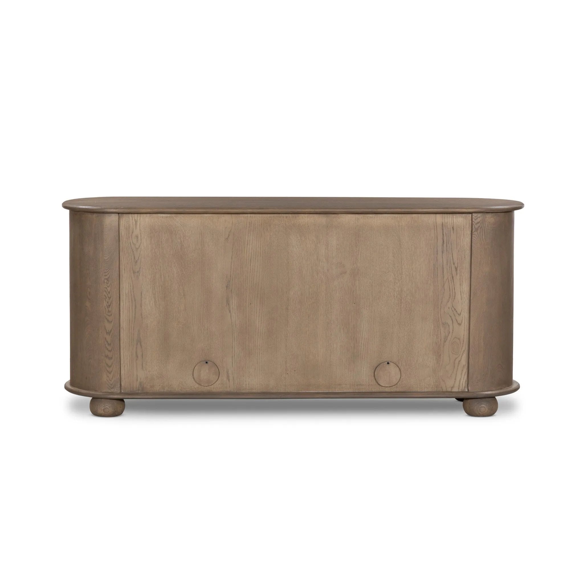 A smaller scale and antique-inspired oval shape give this sideboard a classic polished look. A slight overhang of the top and bottom slabs adds visual interest, while simple ball-shaped hardware mimics this sideboard's unique bun feet. Amethyst Home provides interior design, new home construction design consulting, vintage area rugs, and lighting in the Calabasas metro area.