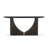 Mixed materials and a contoured design fuse for a shapely console table that works in a wide range of spaces. Mirrored oak legs form a unique curved base to support a demilune iron top with a burnished coffee finish. Thoughtfully sized for smaller spaces Amethyst Home provides interior design, new home construction design consulting, vintage area rugs, and lighting in the Seattle metro area.