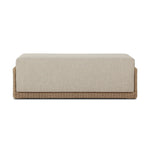 A fresh, playful take on the outdoor ottoman, featuring a woven cradle frame that wraps around the deep upholstered seat for added texture, dimension and contrast. The cushion is intentionally firm for a structured feel, meaning this piece can also be used as a coffee table. Cover or store inside during inclement weather and when not in use. Amethyst Home provides interior design, new home construction design consulting, vintage area rugs, and lighting in the Alpharetta metro area.
