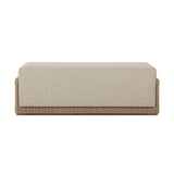 A fresh, playful take on the outdoor ottoman, featuring a woven cradle frame that wraps around the deep upholstered seat for added texture, dimension and contrast. The cushion is intentionally firm for a structured feel, meaning this piece can also be used as a coffee table. Cover or store inside during inclement weather and when not in use. Amethyst Home provides interior design, new home construction design consulting, vintage area rugs, and lighting in the Alpharetta metro area.