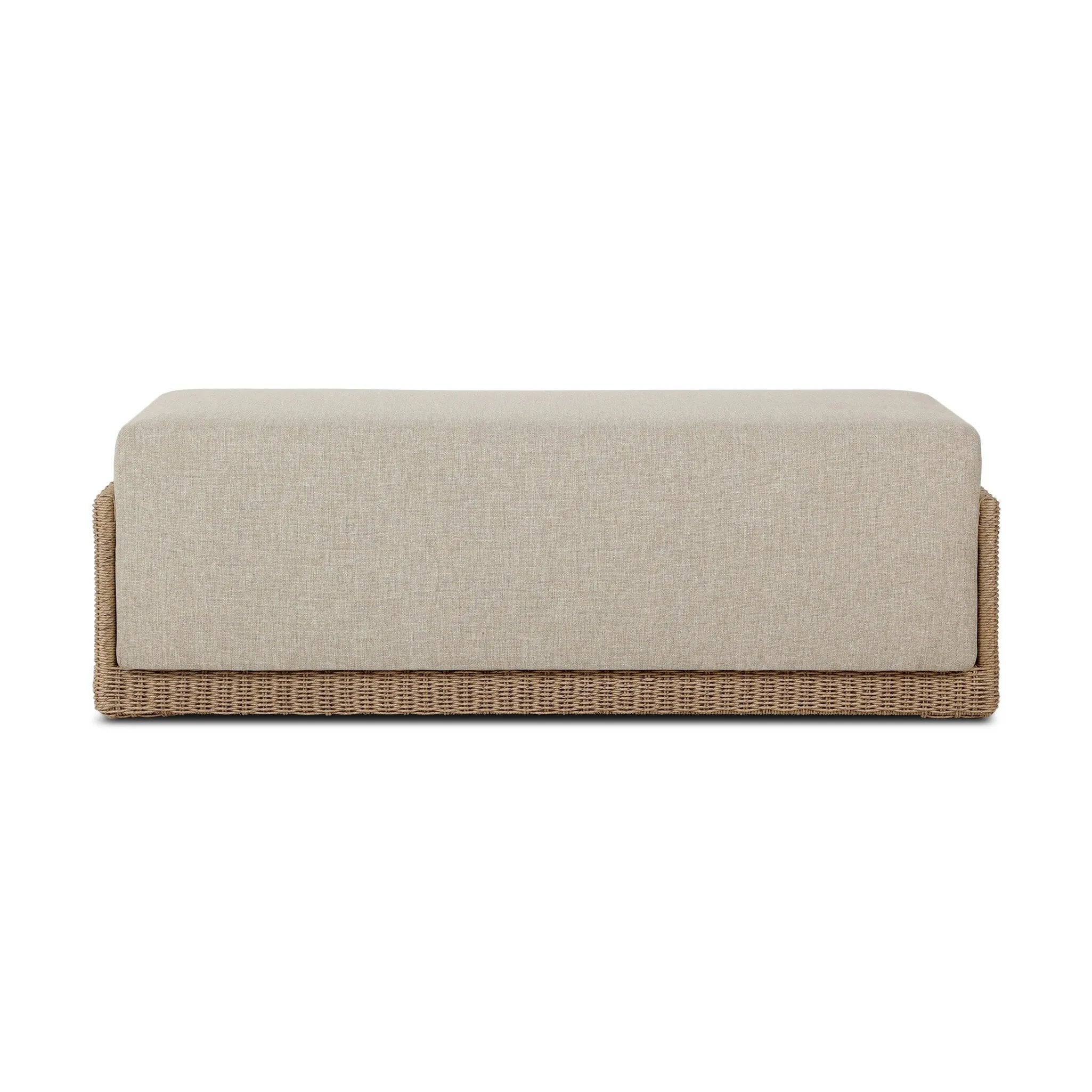 A fresh, playful take on the outdoor ottoman, featuring a woven cradle frame that wraps around the deep upholstered seat for added texture, dimension and contrast. The cushion is intentionally firm for a structured feel, meaning this piece can also be used as a coffee table. Cover or store inside during inclement weather and when not in use. Amethyst Home provides interior design, new home construction design consulting, vintage area rugs, and lighting in the Alpharetta metro area.