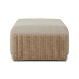 A fresh, playful take on the outdoor ottoman, featuring a woven cradle frame that wraps around the deep upholstered seat for added texture, dimension and contrast. The cushion is intentionally firm for a structured feel, meaning this piece can also be used as a coffee table. Cover or store inside during inclement weather and when not in use. Amethyst Home provides interior design, new home construction design consulting, vintage area rugs, and lighting in the Miami metro area.