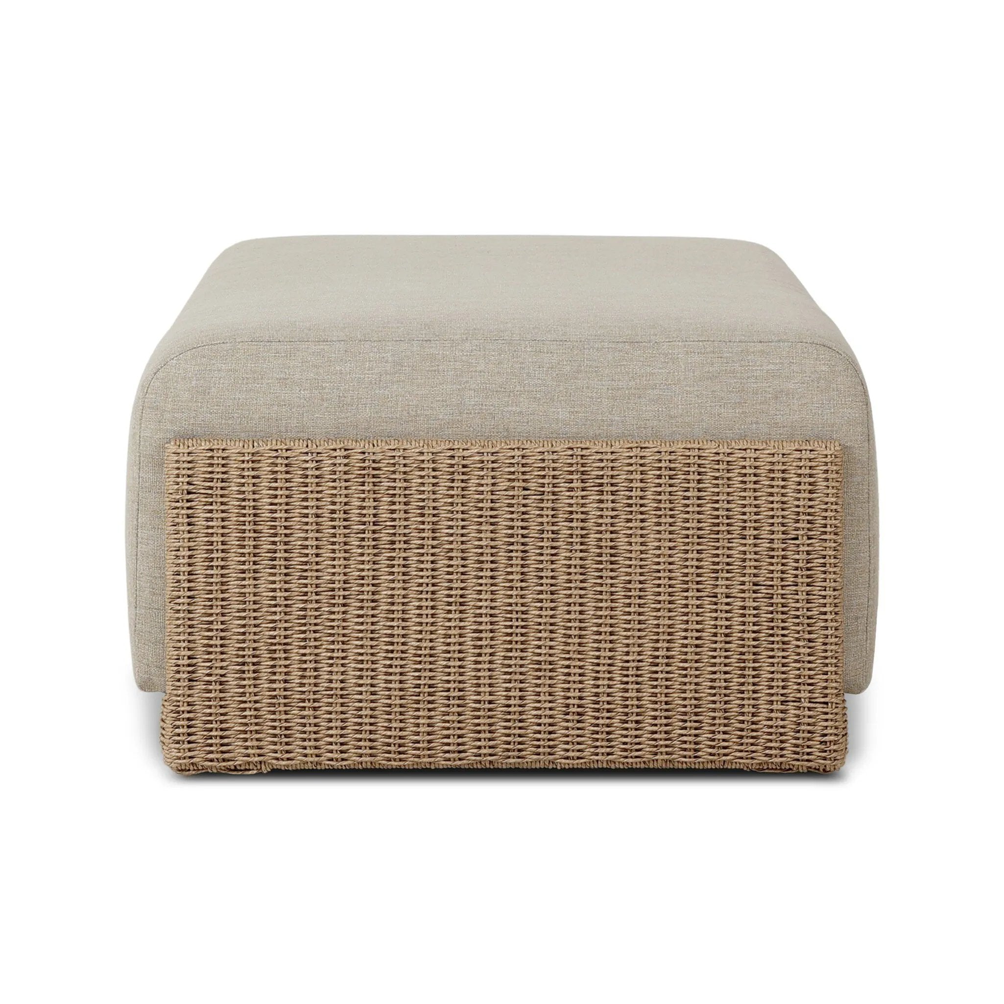 A fresh, playful take on the outdoor ottoman, featuring a woven cradle frame that wraps around the deep upholstered seat for added texture, dimension and contrast. The cushion is intentionally firm for a structured feel, meaning this piece can also be used as a coffee table. Cover or store inside during inclement weather and when not in use. Amethyst Home provides interior design, new home construction design consulting, vintage area rugs, and lighting in the Miami metro area.