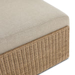 A fresh, playful take on the outdoor ottoman, featuring a woven cradle frame that wraps around the deep upholstered seat for added texture, dimension and contrast. The cushion is intentionally firm for a structured feel, meaning this piece can also be used as a coffee table. Cover or store inside during inclement weather and when not in use. Amethyst Home provides interior design, new home construction design consulting, vintage area rugs, and lighting in the Scottsdale metro area.