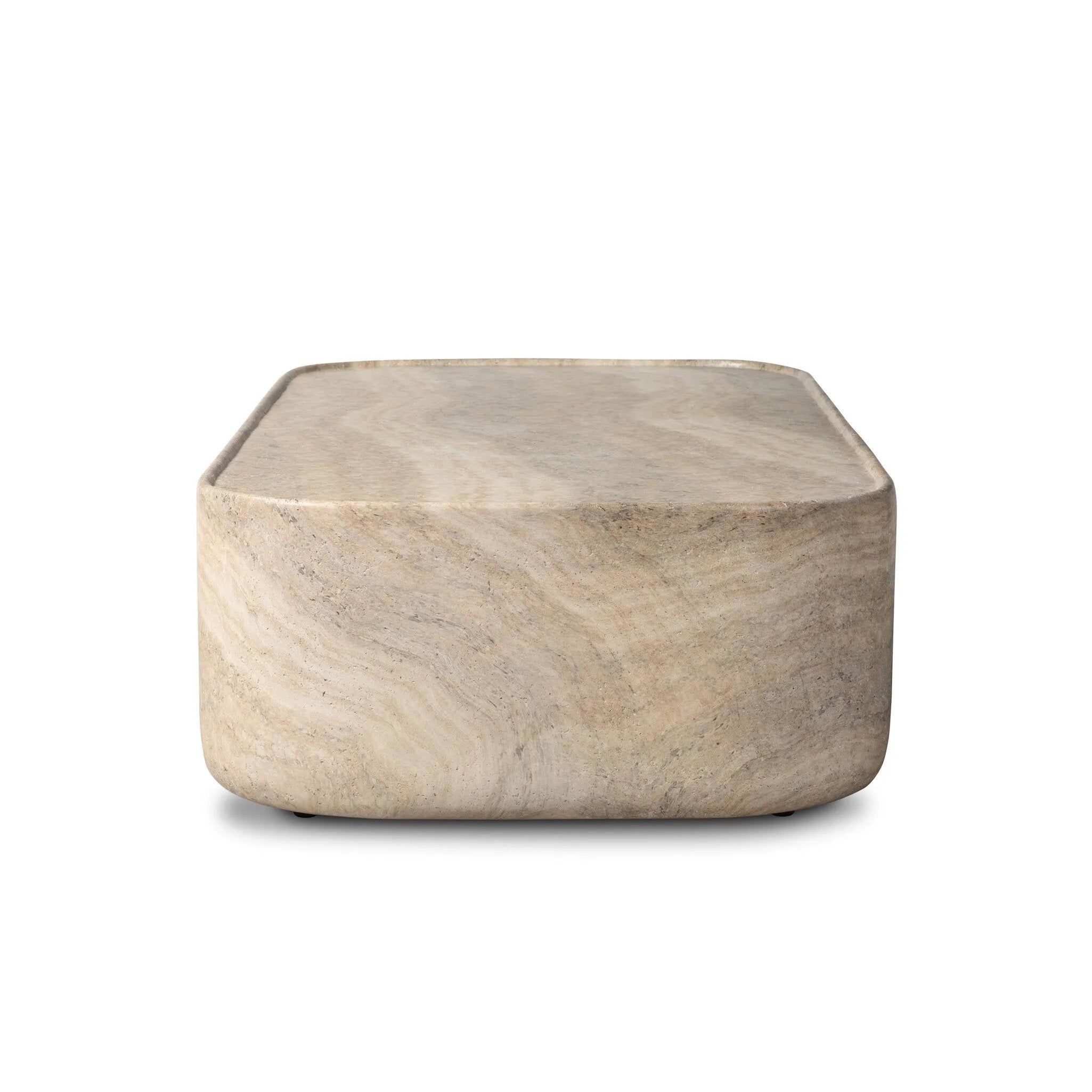 Simple shaping gets an elevated update with a classic plinth base mirrored in a lip detail around the tabletop. The rounded corners of this outdoor coffee table showcase textured sandy grey concrete, designed to mimic the detail found in natural stone. Cover or store indoors during inclement weather and when not in use. Amethyst Home provides interior design, new home construction design consulting, vintage area rugs, and lighting in the San Diego metro area.