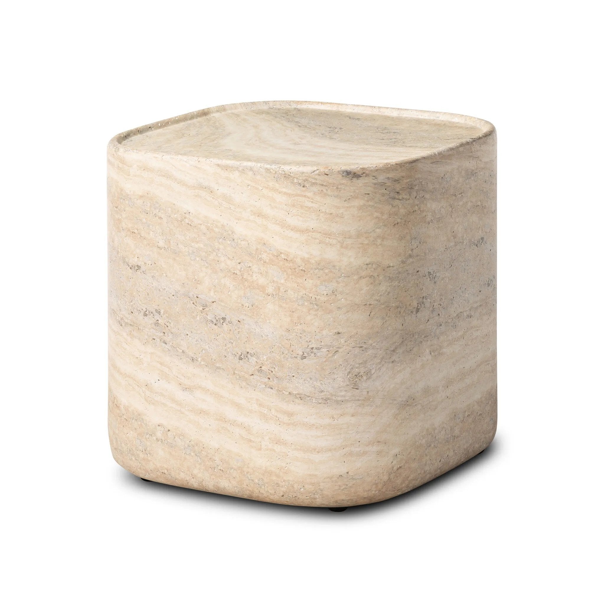 Simple shaping gets an elevated update with a classic plinth base mirrored in a lip detail around the tabletop. The rounded corners of this outdoor end table showcase textured sandy grey concrete, designed to mimic the detail found in natural stone. Cover or store indoors during inclement weather and when not in use. Amethyst Home provides interior design, new home construction design consulting, vintage area rugs, and lighting in the Laguna Beach metro area.