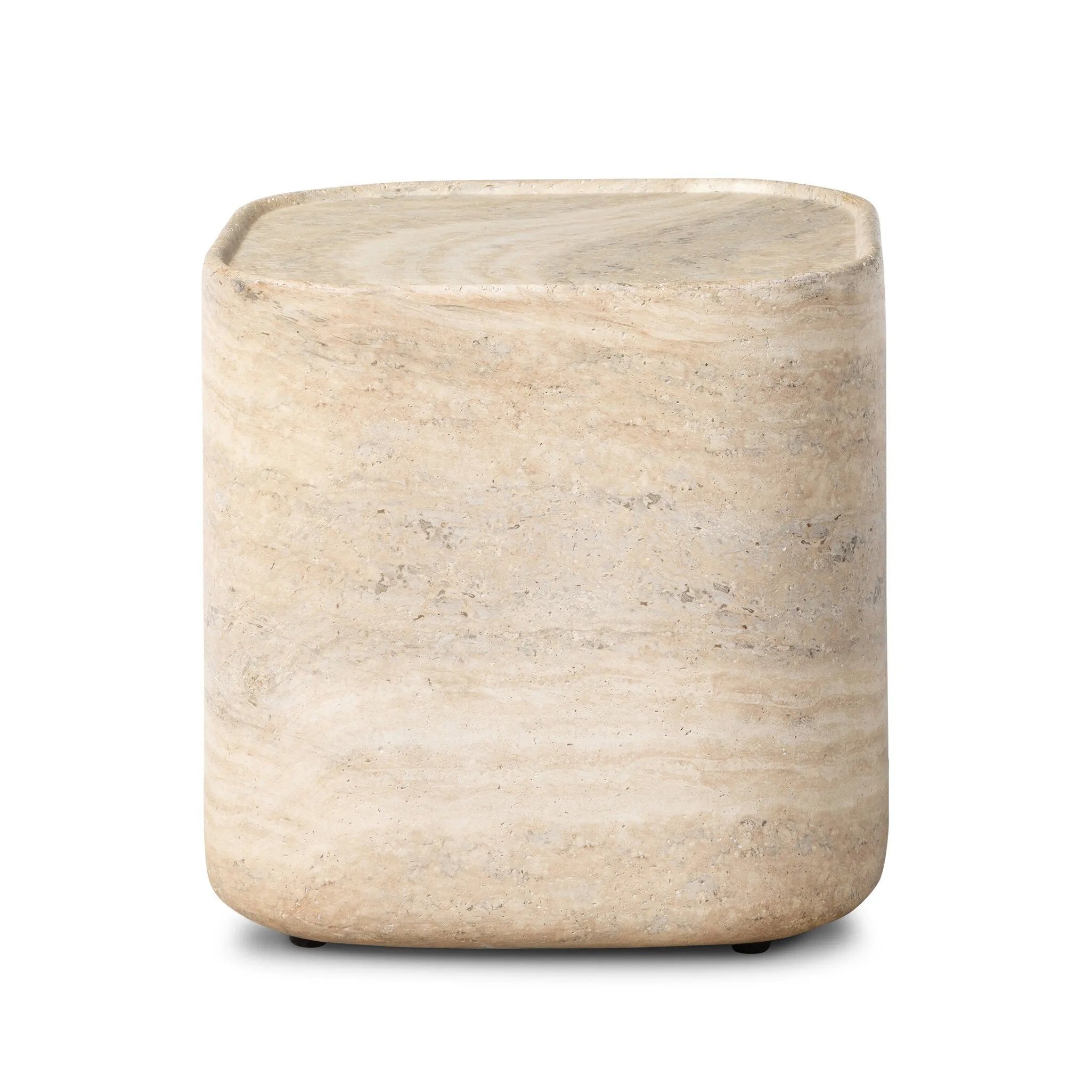 Simple shaping gets an elevated update with a classic plinth base mirrored in a lip detail around the tabletop. The rounded corners of this outdoor end table showcase textured sandy grey concrete, designed to mimic the detail found in natural stone. Cover or store indoors during inclement weather and when not in use. Amethyst Home provides interior design, new home construction design consulting, vintage area rugs, and lighting in the Washington metro area.