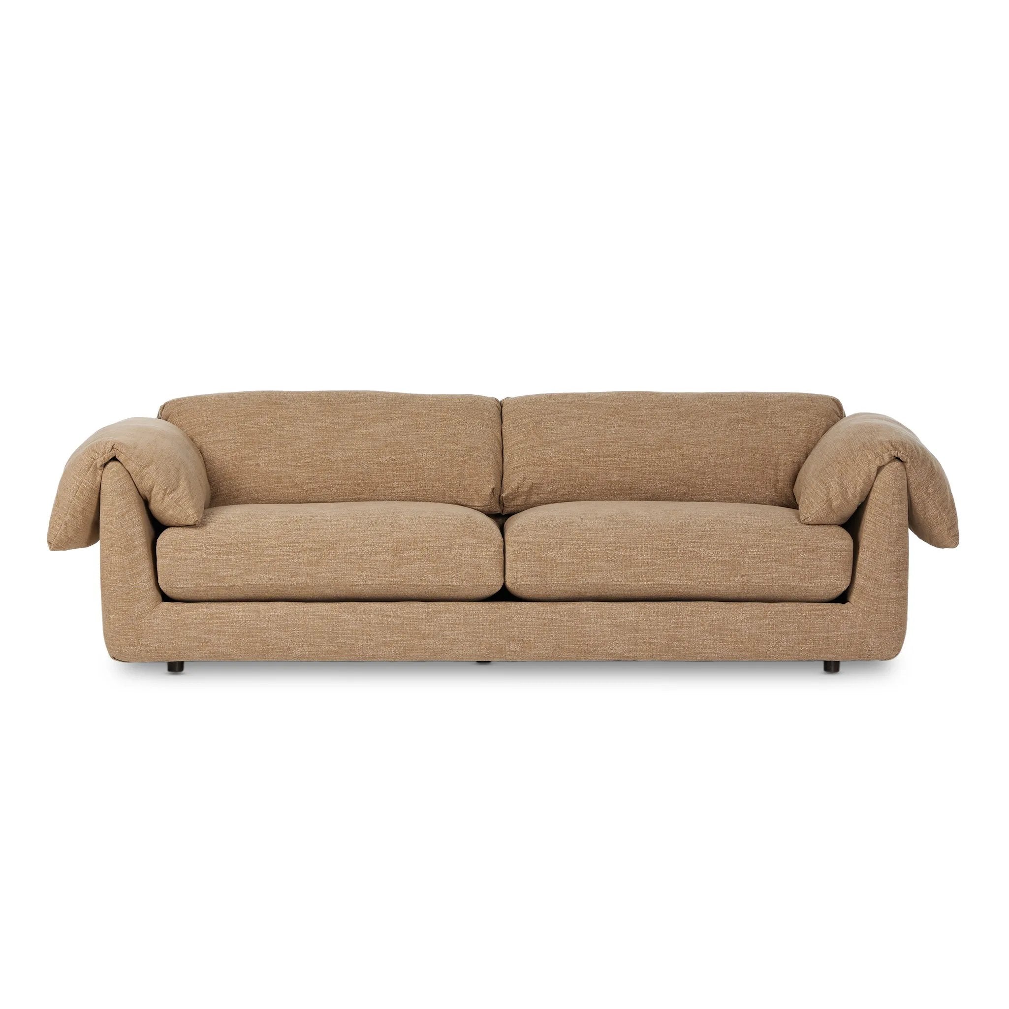 Featuring Marcel Laken Taupe Sofa-102" by Four Hands at Amethyst Home. This two-over-two sofa is all about comfort. Feather-filled cushions fold over the frame, complemented by foam-fiber-feather seats. Upholstered in a taupe high-performance fabric, it balances its laid-back look with durability for every day. Performance fabrics are specially created . Amethyst Home provides interior design, new home construction design consulting, vintage area rugs, and lighting in the Winter Garden metro area.
