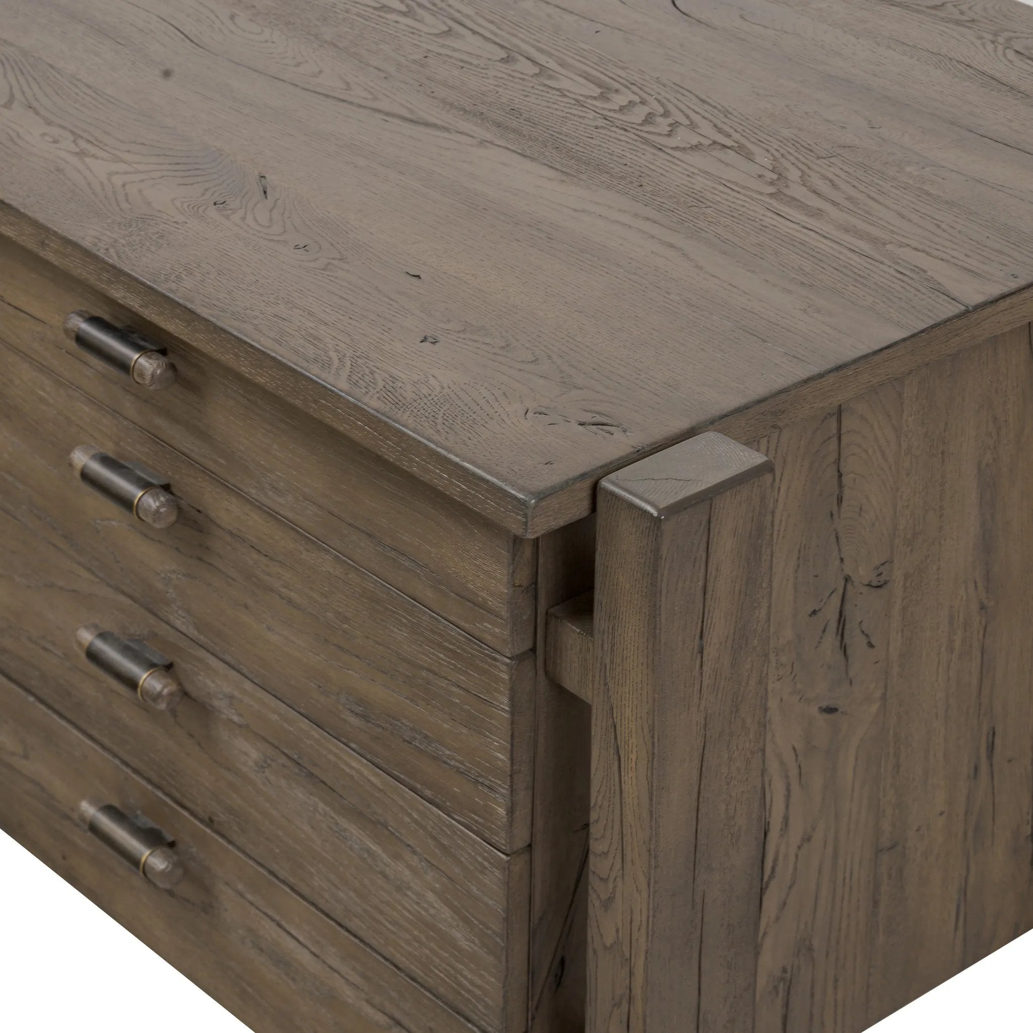 Featuring Marcela Grey Reclaimed French Oak Desk by Four Hands at Amethyst Home. Made from reclaimed French oak, a unique open frame design crafts a light look, while dark brass hardware adds warmth. Versatile grey finish, plus four drawers for generous storage space. Designed in partnership with longtime Four Hands collaborator Thomas Bina and Brazilian d. Amethyst Home provides interior design, new home construction design consulting, vintage area rugs, and lighting in the Washington metro area.