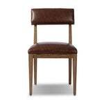 Both modern and traditional, toasted oak frames this high-back, armless dining chair. Finished with a rich brown top-grain leather, with hanging straps affixed to the back Amethyst Home provides interior design, new home construction design consulting, vintage area rugs, and lighting in the Boston metro area.