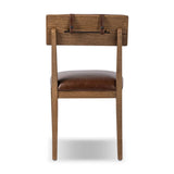 Both modern and traditional, toasted oak frames this high-back, armless dining chair. Finished with a rich brown top-grain leather, with hanging straps affixed to the back Amethyst Home provides interior design, new home construction design consulting, vintage area rugs, and lighting in the Kansas City metro area.