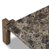 Designed by Thomas Bina and Ronald Sasson, a design partnership blending both modern minimalist and Brazilian influences. Mixed materials elevate the traditional coffee table, pairing solid reclaimed oak and solid marble, with overstated joint details. Rounded edges bring a soft, playful feel to the entire piece. Amethyst Home provides interior design, new home construction design consulting, vintage area rugs, and lighting in the Calabasas metro area.