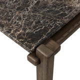 Designed by Thomas Bina and Ronald Sasson, a design partnership blending both modern minimalist and Brazilian influences. Mixed materials elevate the traditional coffee table, pairing solid reclaimed oak and solid marble, with overstated joint details. Rounded edges bring a soft, playful feel to the entire piece. Amethyst Home provides interior design, new home construction design consulting, vintage area rugs, and lighting in the Scottsdale metro area.