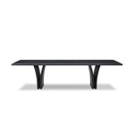 Designed by Thomas Bina and Ronald Sasson, a design partnership blending both modern minimalist and Brazilian influences. Grand-scale dining table is crafted from reclaimed French oak with tapered pedestal panels connected at the base. Seats 12 Amethyst Home provides interior design, new home construction design consulting, vintage area rugs, and lighting in the Scottsdale metro area.