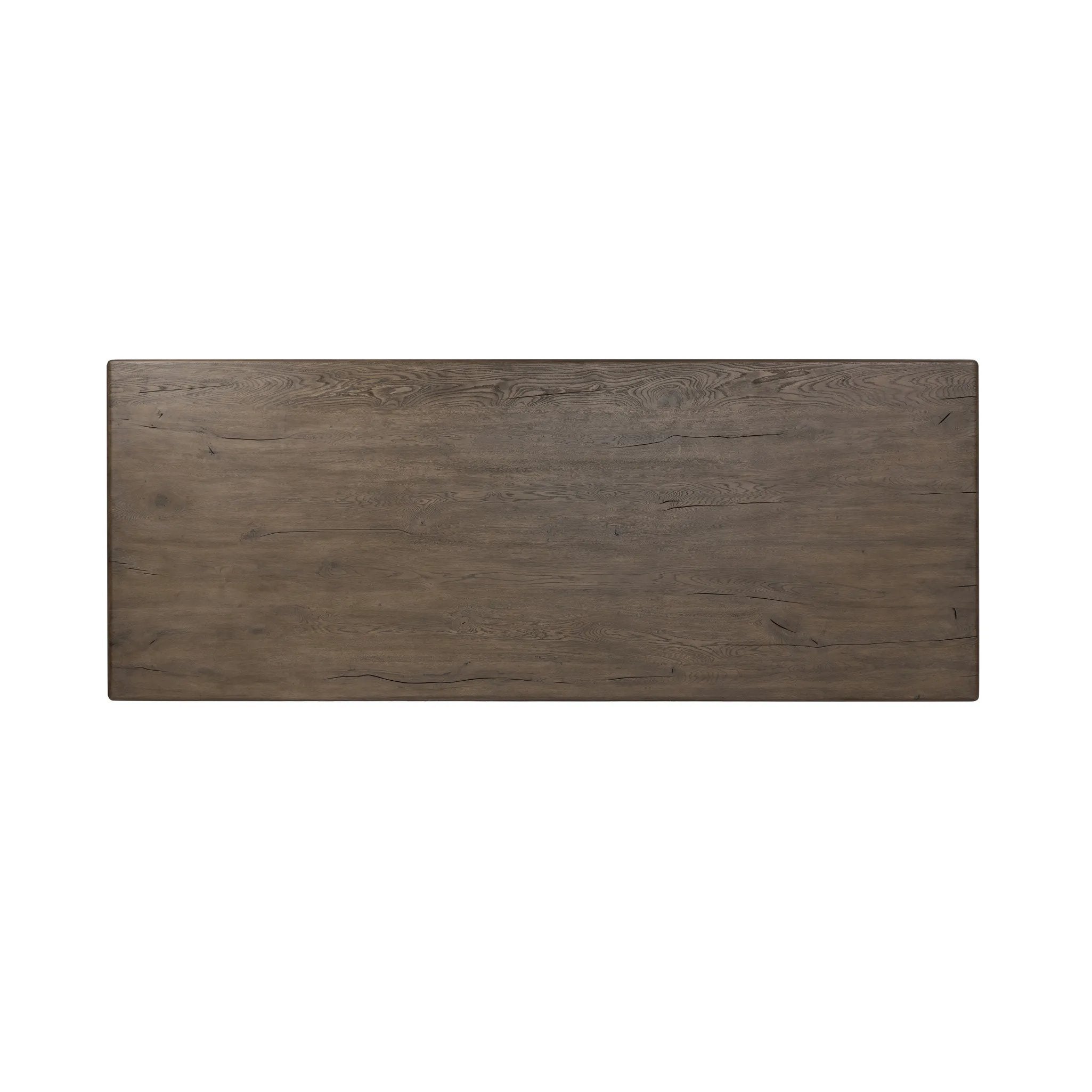 Designed by Thomas Bina and Ronald Sasson, a design partnership blending both modern minimalist and Brazilian influences. Grand-scale dining table is crafted from natural reclaimed French oak with tapered pedestal panels connected at the base Amethyst Home provides interior design, new home construction design consulting, vintage area rugs, and lighting in the Kansas City metro area.