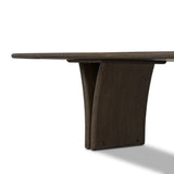 Designed by Thomas Bina and Ronald Sasson, a design partnership blending both modern minimalist and Brazilian influences. Grand-scale dining table is crafted from natural reclaimed French oak with tapered pedestal panels connected at the base Amethyst Home provides interior design, new home construction design consulting, vintage area rugs, and lighting in the Los Angeles metro area.