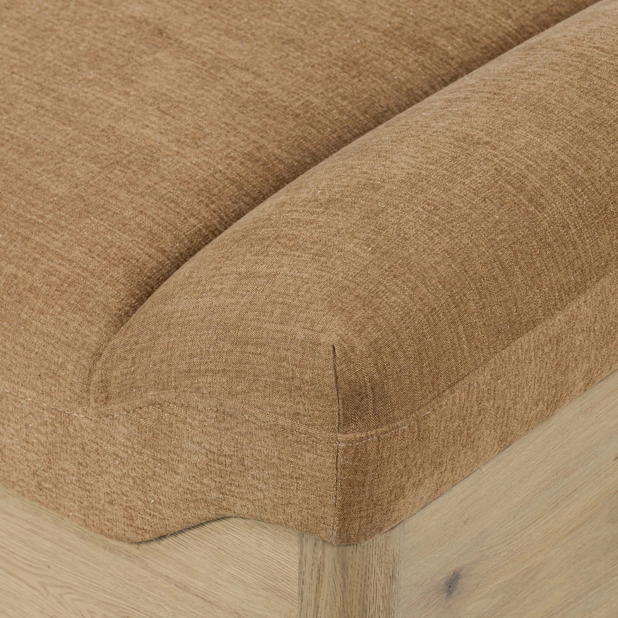 This statement-making chaise takes on an oversized shape-based silhouette, with a deep, chenille-upholstered seat and thick wood base. The subtly angled seating doubles as head support for a refined look, perfect as room dividing piece Amethyst Home provides interior design, new home construction design consulting, vintage area rugs, and lighting in the San Diego metro area.