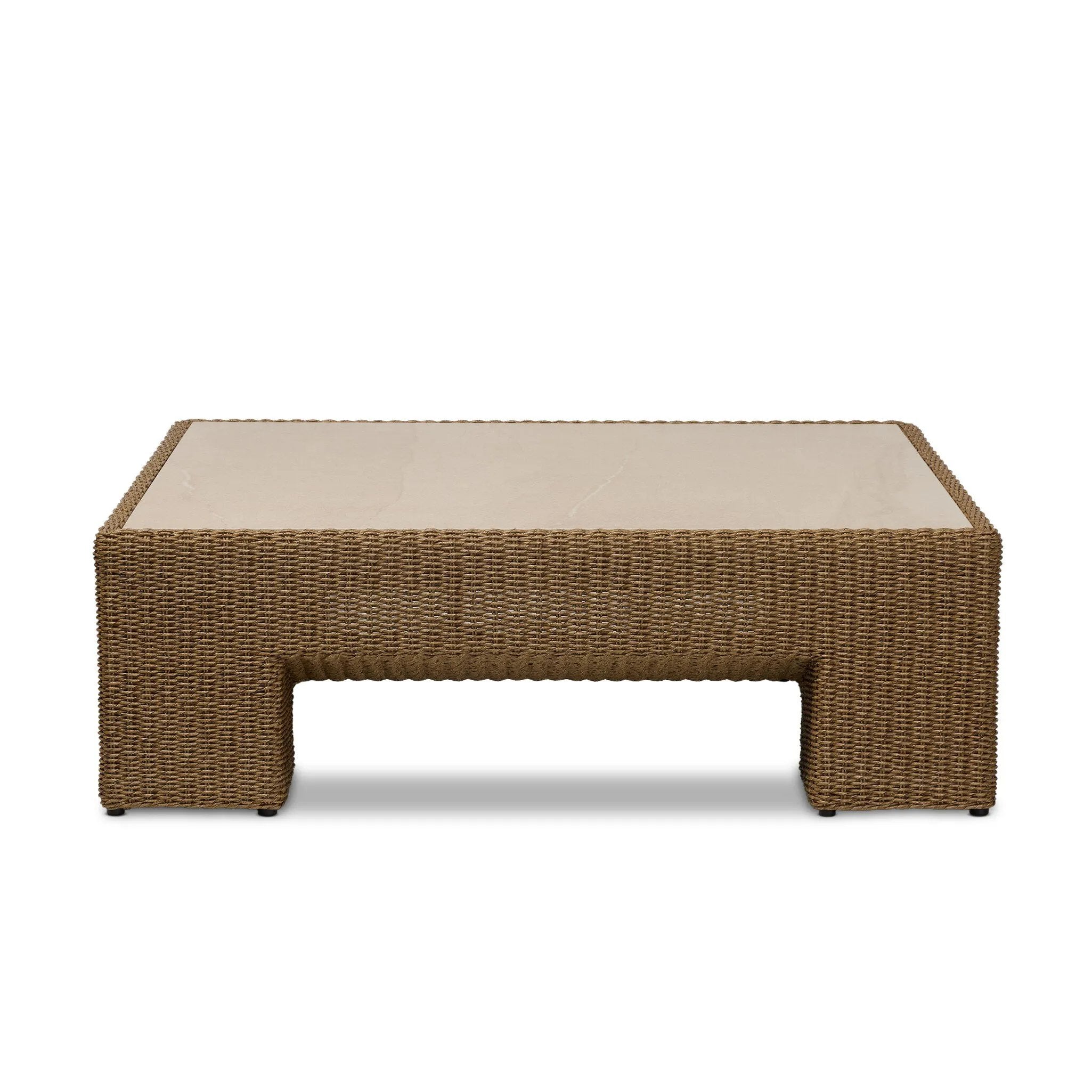 A fully woven outdoor coffee table, inspired by the classic Parsons shape. The engineered stone top is inset for a seamless blend of materials, bringing subtle tonal variation for added visual intrigue. Cover or store indoors when not in use or during inclement weather. Amethyst Home provides interior design, new home construction design consulting, vintage area rugs, and lighting in the Boston metro area.