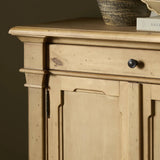 Inspired by European antiques, this solid pine sideboard features classic molding and detailing with distressed copper hardware for an authentic heirloom look and feel. Grand in scale with plenty of interior storage including three top drawers. Rear cutouts for cord management Amethyst Home provides interior design, new home construction design consulting, vintage area rugs, and lighting in the Laguna Beach metro area.