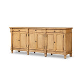 Inspired by European antiques, this solid pine sideboard features classic molding and detailing with distressed copper hardware for an authentic heirloom look and feel. Grand in scale with plenty of interior storage including three top drawers. Rear cutouts for cord management Amethyst Home provides interior design, new home construction design consulting, vintage area rugs, and lighting in the Monterey metro area.