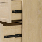 A light-finished oak veneer nightstand brings storage space to the bedside with two roomy drawers Amethyst Home provides interior design, new home construction design consulting, vintage area rugs, and lighting in the Austin metro area.