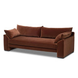 Structured yet deceivingly comfortable. The pillow-engulfed sofa features a distinctive raised seat deck with knife-edge cushions. Tapered arms include integrated pillows, while the tight seat-back provides a stable resting spot for its plush, loose-back pillows. Amethyst Home provides interior design, new home construction design consulting, vintage area rugs, and lighting in the Miami metro area.