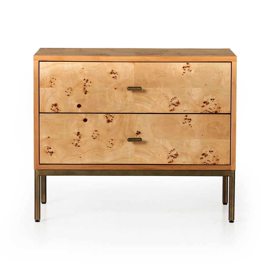 Made from poplar burl veneer with natural knots and graining, a dual-drawer nightstand brings extra storage space to the bedside. Slim brass-finished iron legs and hardware keep things looking light. Amethyst Home provides rugs, furniture, home decor, and lighting in the Calabasas metro area!