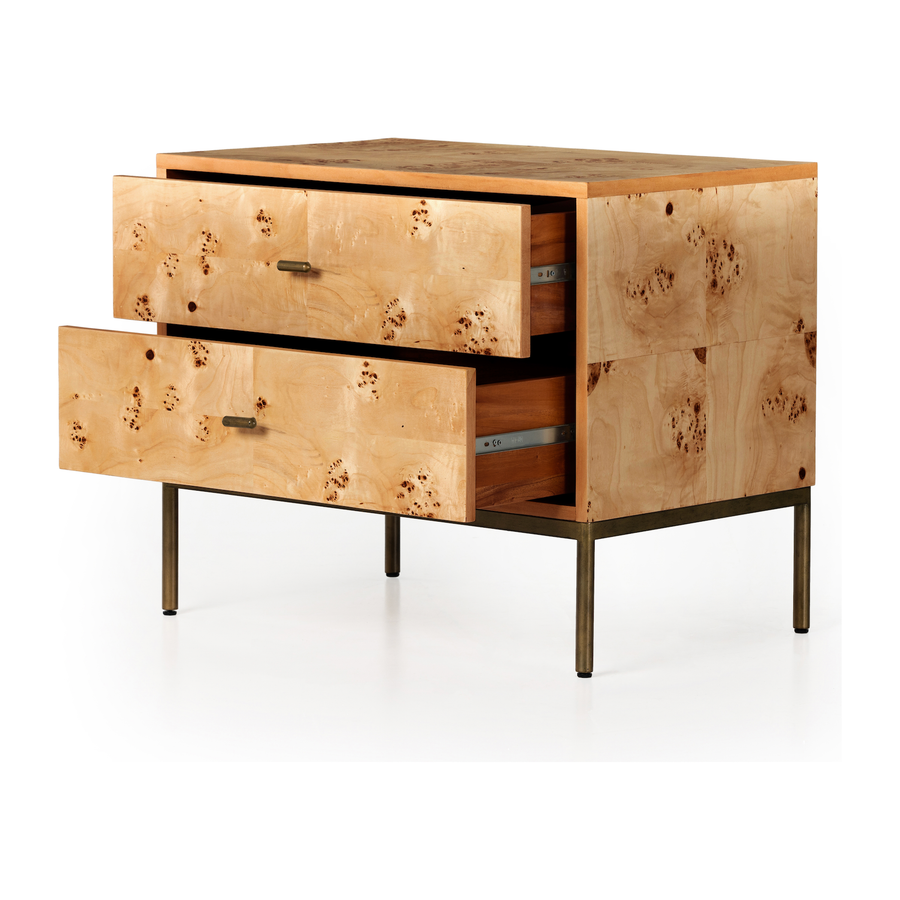 Made from poplar burl veneer with natural knots and graining, a dual-drawer nightstand brings extra storage space to the bedside. Slim brass-finished iron legs and hardware keep things looking light. Amethyst Home provides rugs, furniture, home decor, and lighting in the Des Moines metro area!