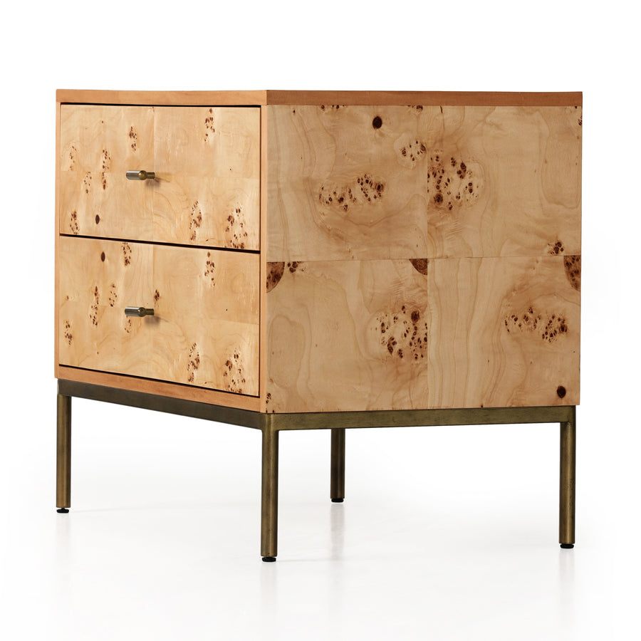 Made from poplar burl veneer with natural knots and graining, a dual-drawer nightstand brings extra storage space to the bedside. Slim brass-finished iron legs and hardware keep things looking light. Amethyst Home provides rugs, furniture, home decor, and lighting in the Monterey metro area!