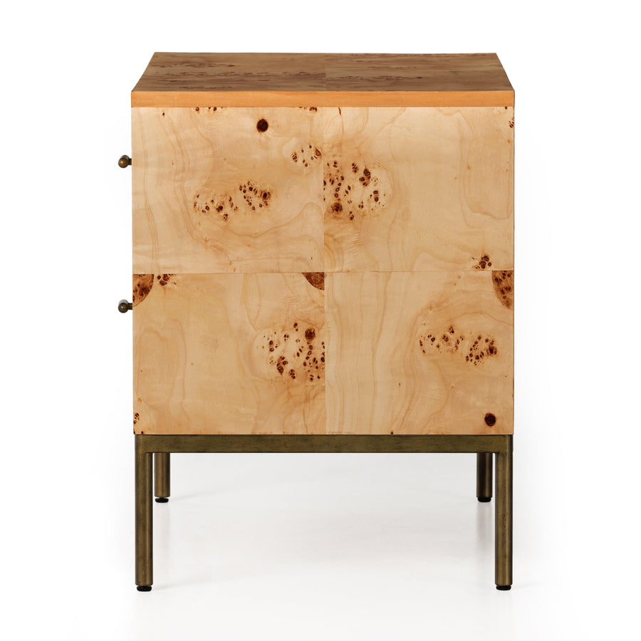 Made from poplar burl veneer with natural knots and graining, a dual-drawer nightstand brings extra storage space to the bedside. Slim brass-finished iron legs and hardware keep things looking light. Amethyst Home provides rugs, furniture, home decor, and lighting in the Tampa metro area!