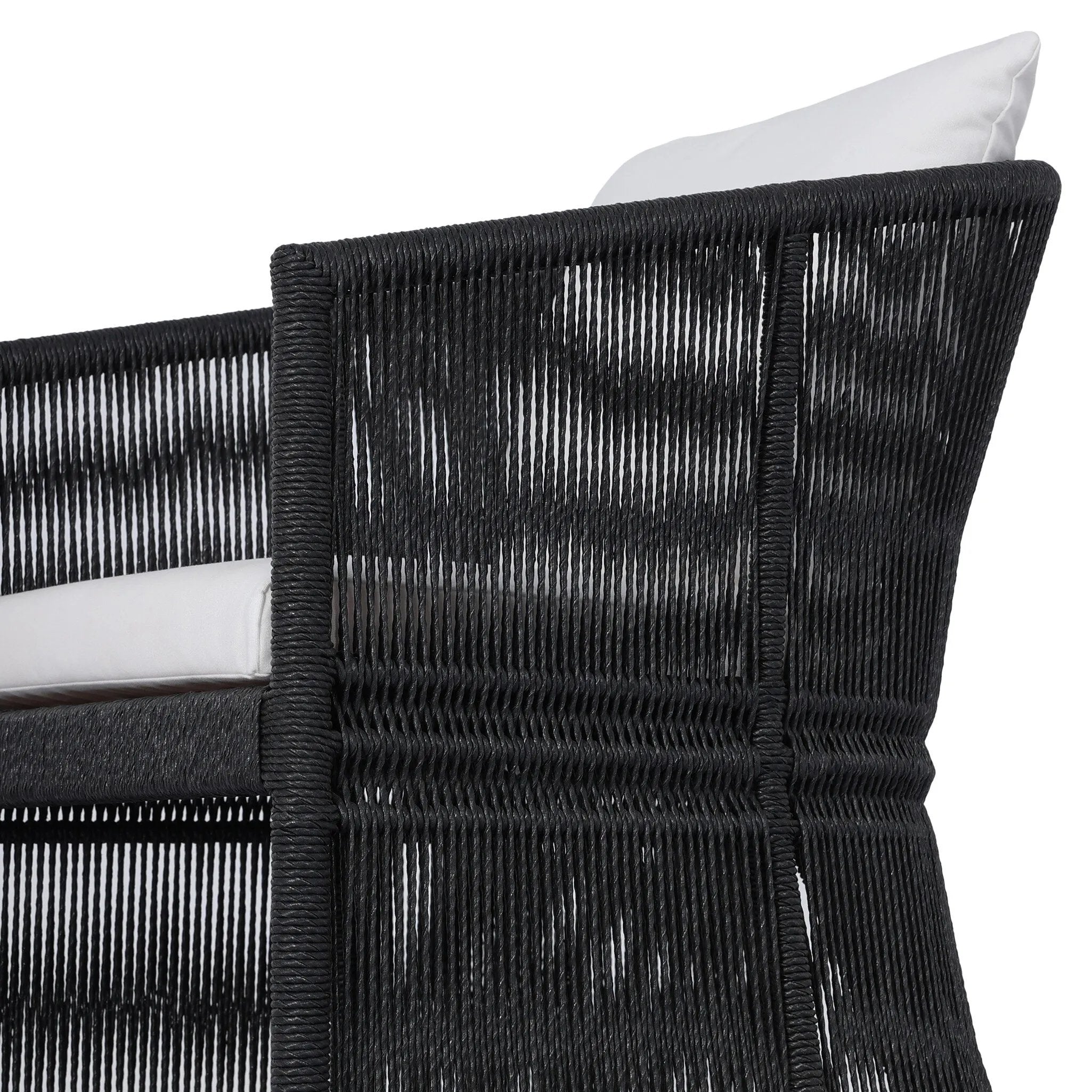 Featuring Mondira Arashi Salt Outdoor Dining Chair by Four Hands at Amethyst Home. A stunning spot for outdoor daydreaming. The linear rope-based design on this beautifully woven outdoor dining chair is paired with clean curves. Designed with an angular cutout detail on back so the seat is stunning from all angles. Back and seat cushions are UV-resistant, w. Amethyst Home provides interior design, new home construction design consulting, vintage area rugs, and lighting in the Charlotte metro area.