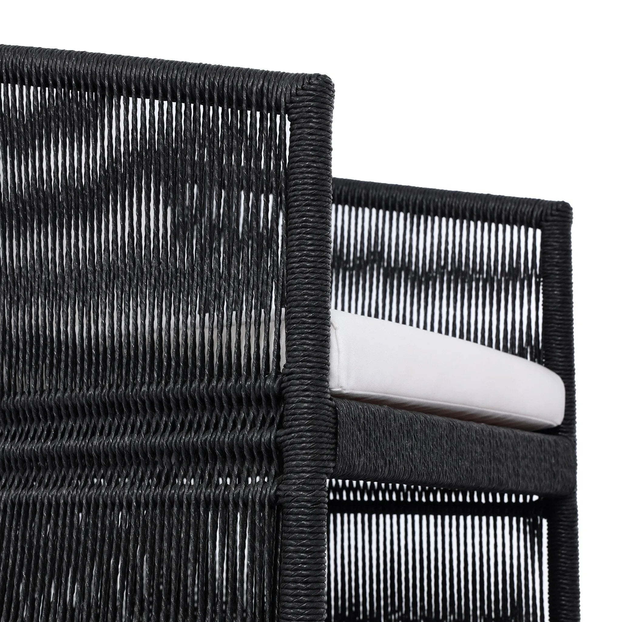 Featuring Mondira Arashi Salt Outdoor Dining Chair by Four Hands at Amethyst Home. A stunning spot for outdoor daydreaming. The linear rope-based design on this beautifully woven outdoor dining chair is paired with clean curves. Designed with an angular cutout detail on back so the seat is stunning from all angles. Back and seat cushions are UV-resistant. Amethyst Home provides interior design, new home construction design consulting, vintage area rugs, and lighting in the Laguna Beach metro area.