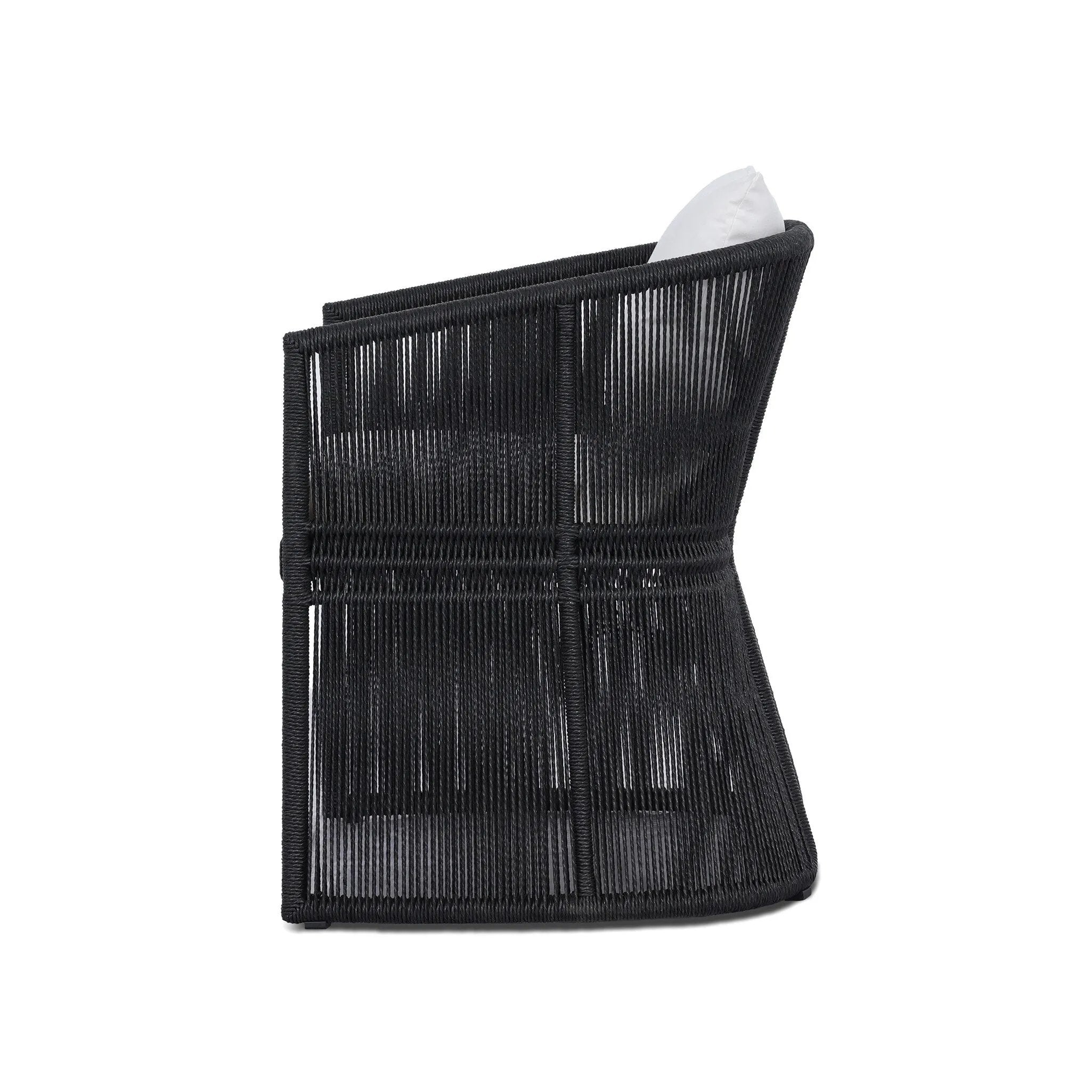 Featuring Mondira Arashi Salt Outdoor Dining Chair by Four Hands at Amethyst Home. A stunning spot for outdoor daydreaming. The linear rope-based design on this beautifully woven outdoor dining chair is paired with clean curves. Designed with an angular cutout detail on back so the seat is stunning from all angles. Back and seat cushions are UV-resistant,. Amethyst Home provides interior design, new home construction design consulting, vintage area rugs, and lighting in the Los Angeles metro area.