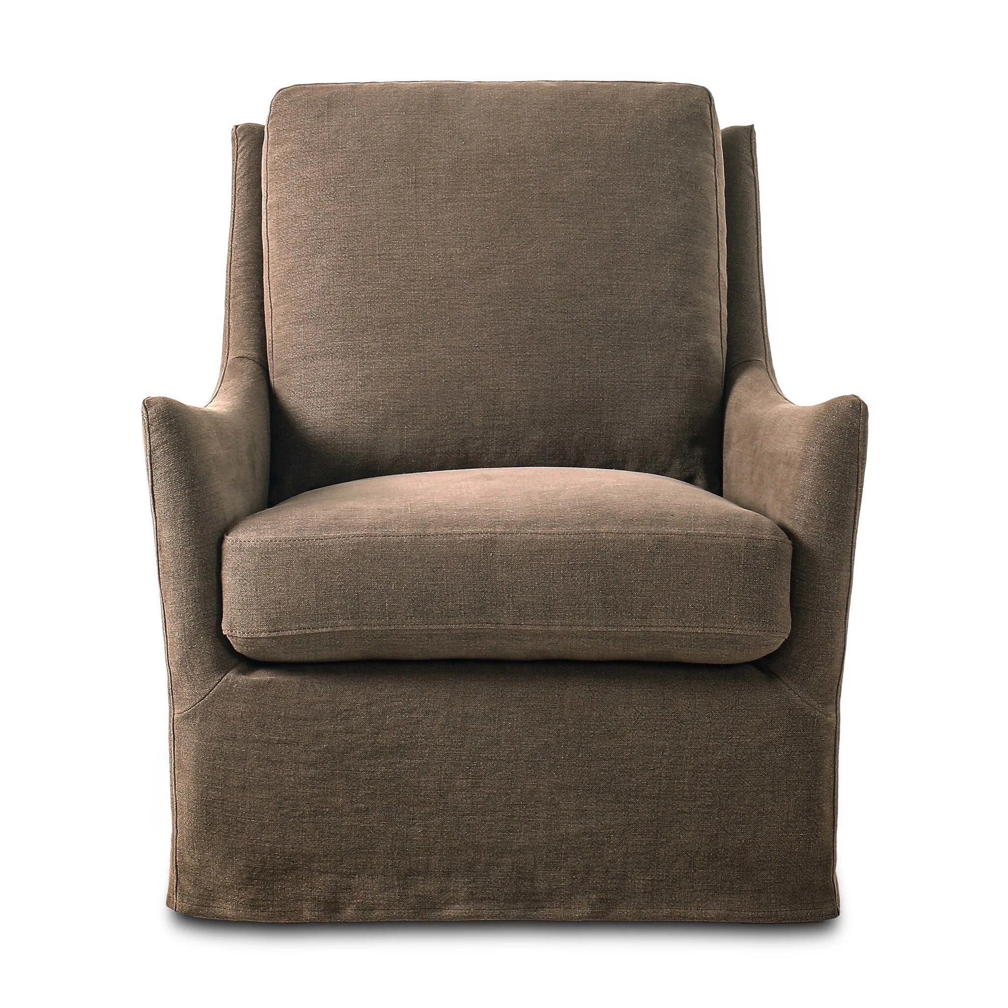 This relaxing glider chair is defined by slightly sloping, flared arms and a floor-length slipcover that's finished in a soft, tight weave for a traditional style Amethyst Home provides interior design, new home construction design consulting, vintage area rugs, and lighting in the Newport Beach metro area.