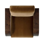 A luxe material mix at play. Deep plush seating in a high pile velvet is paired with an exaggerated 1920s Art Deco-inspired frame. Its bentwood arms are sculpted from mappa burl for extra movement throughout the piece. Amethyst Home provides interior design, new home construction design consulting, vintage area rugs, and lighting in the Seattle metro area.