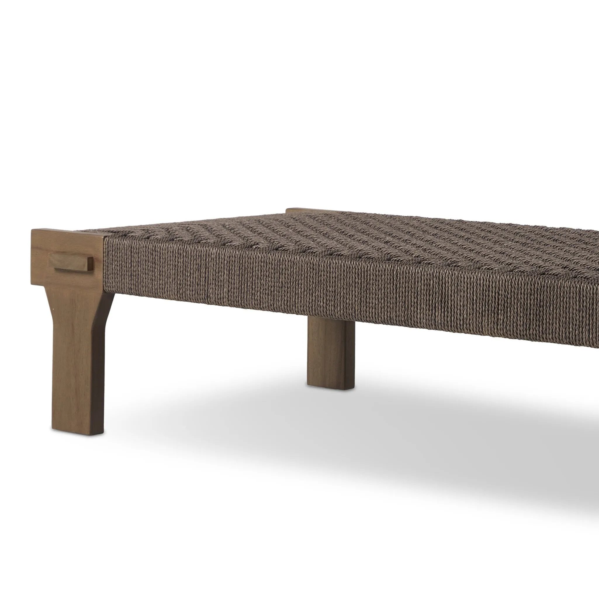 Featuring Moxie Stained Toasted Brown Outdoor Coffee Table by Four Hands at Amethyst Home. Create an outdoor space that transports you to far corners of the globe. Inspired by traditional designs found throughout Indonesia, this outdoor bench features a beautifully crafted frame made of FSC-certified solid teak with pull-through details and monochromatic weavi. Amethyst Home provides interior design, new home construction design consulting, vintage area rugs, and lighting in the Dallas metro area.
