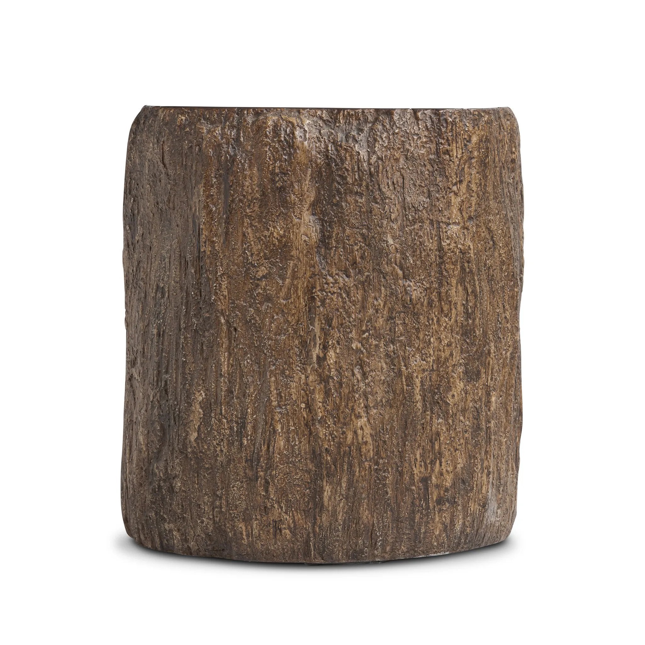 Bring nature inside with a drum-style end table of solid concrete that's been textured to resemble a tree trunk. A smooth, high-polish top balances a heavily textured bottom, and is perfectly sized to keep your favorite book or drink within reach Amethyst Home provides interior design, new home construction design consulting, vintage area rugs, and lighting in the Kansas City metro area.