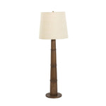 Inspired by a vintage salt shaker found while exploring Copenhagen, Denmark, this warm brown oak floor lamp has a telescoping shape that's finished with a traditional tan linen shade Amethyst Home provides interior design, new home construction design consulting, vintage area rugs, and lighting in the Alpharetta metro area.