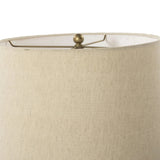 Inspired by a vintage salt shaker found while exploring Copenhagen, Denmark, this warm brown oak floor lamp has a telescoping shape that's finished with a traditional tan linen shade Amethyst Home provides interior design, new home construction design consulting, vintage area rugs, and lighting in the Kansas City metro area.