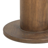 Inspired by a vintage salt shaker found while exploring Copenhagen, Denmark, this warm brown oak floor lamp has a telescoping shape that's finished with a traditional tan linen shade Amethyst Home provides interior design, new home construction design consulting, vintage area rugs, and lighting in the Newport Beach metro area.
