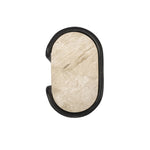 Hammered gunmetal forms a classic C-style frame for top and bottom surfaces of cream marble. Smaller scale enables moving from room to room with ease Amethyst Home provides interior design, new home construction design consulting, vintage area rugs, and lighting in the Dallas metro area.