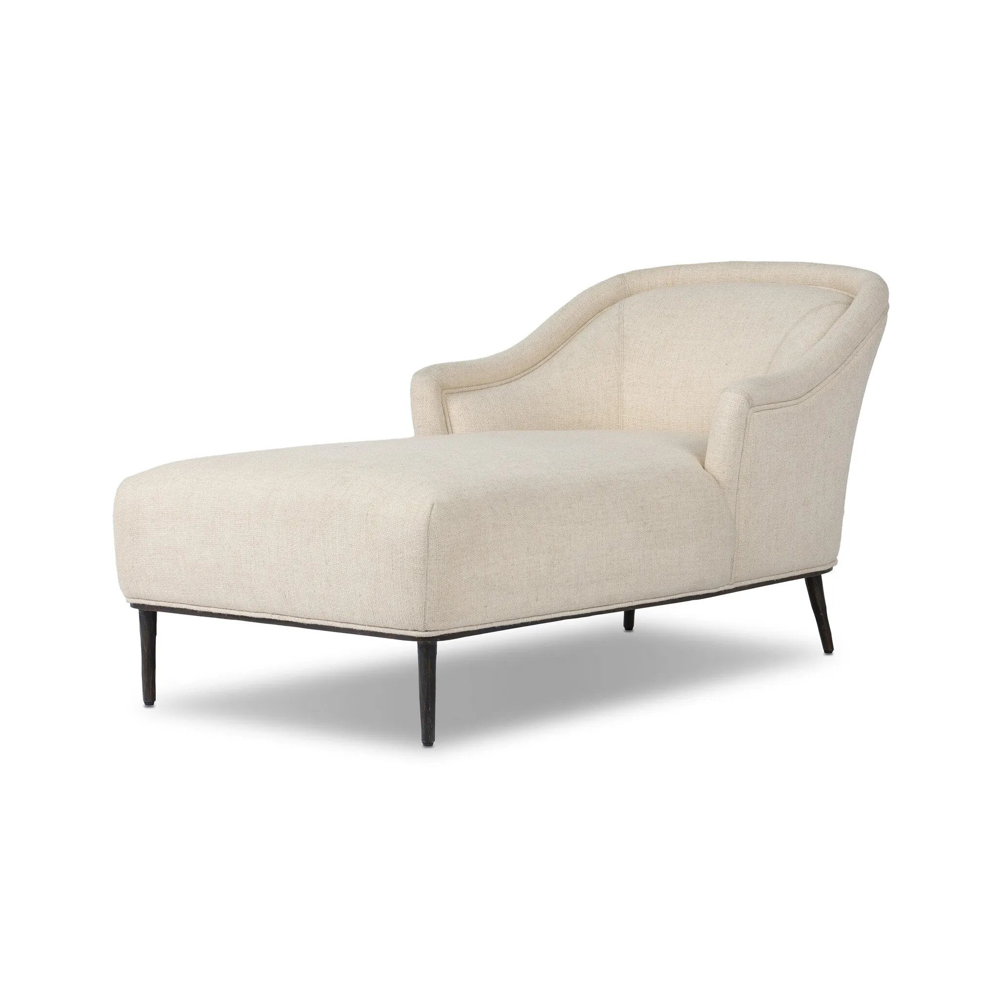 With elements of past eras at play, this updated Deco chaise features a rounded back, sloped arms and a dramatic channel. The iron base and tapered legs support the cushiony seating — built with spring suspensions for long-lasting comfort. Amethyst Home provides interior design, new home construction design consulting, vintage area rugs, and lighting in the Boston metro area.