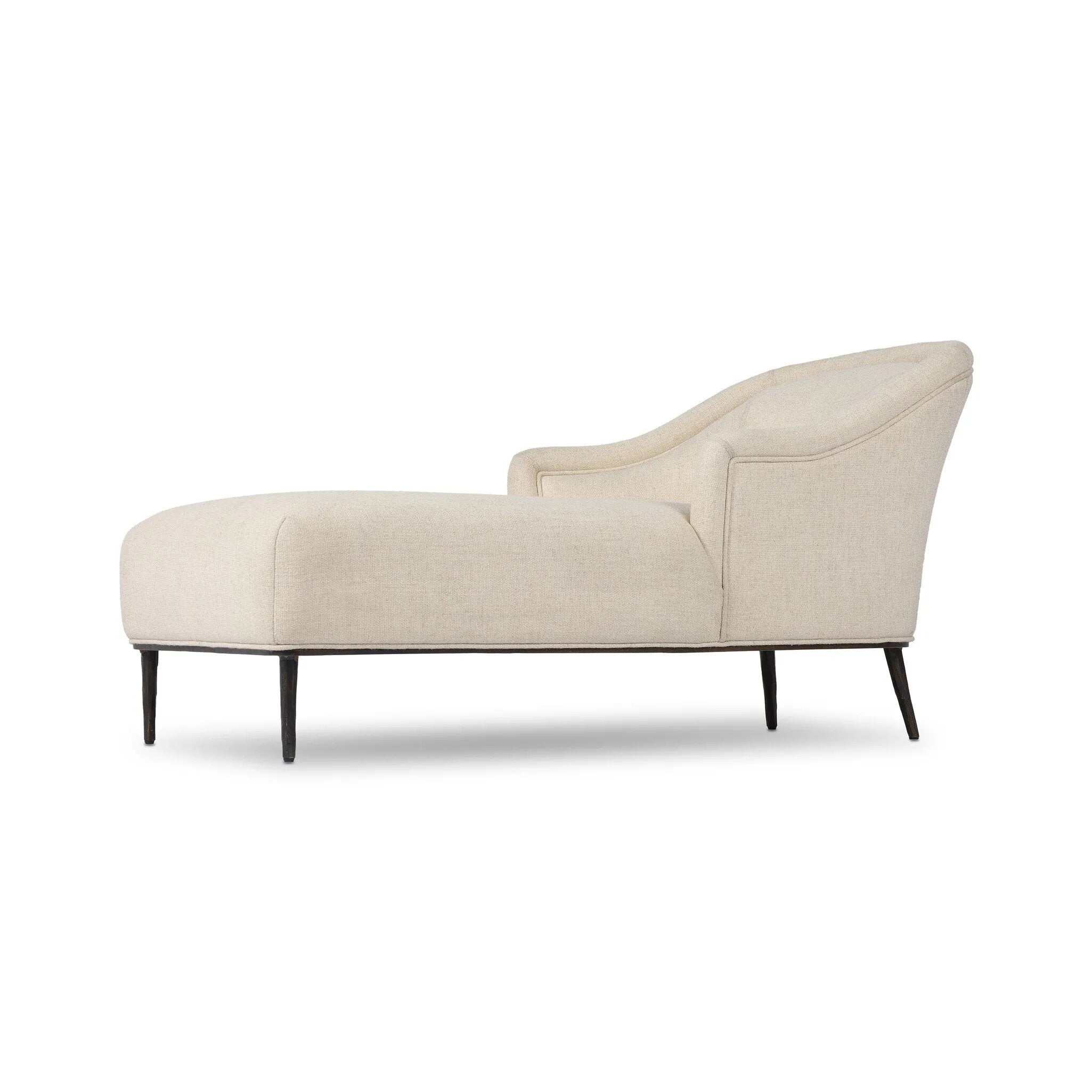 With elements of past eras at play, this updated Deco chaise features a rounded back, sloped arms and a dramatic channel. The iron base and tapered legs support the cushiony seating — built with spring suspensions for long-lasting comfort. Amethyst Home provides interior design, new home construction design consulting, vintage area rugs, and lighting in the Salt Lake City metro area.