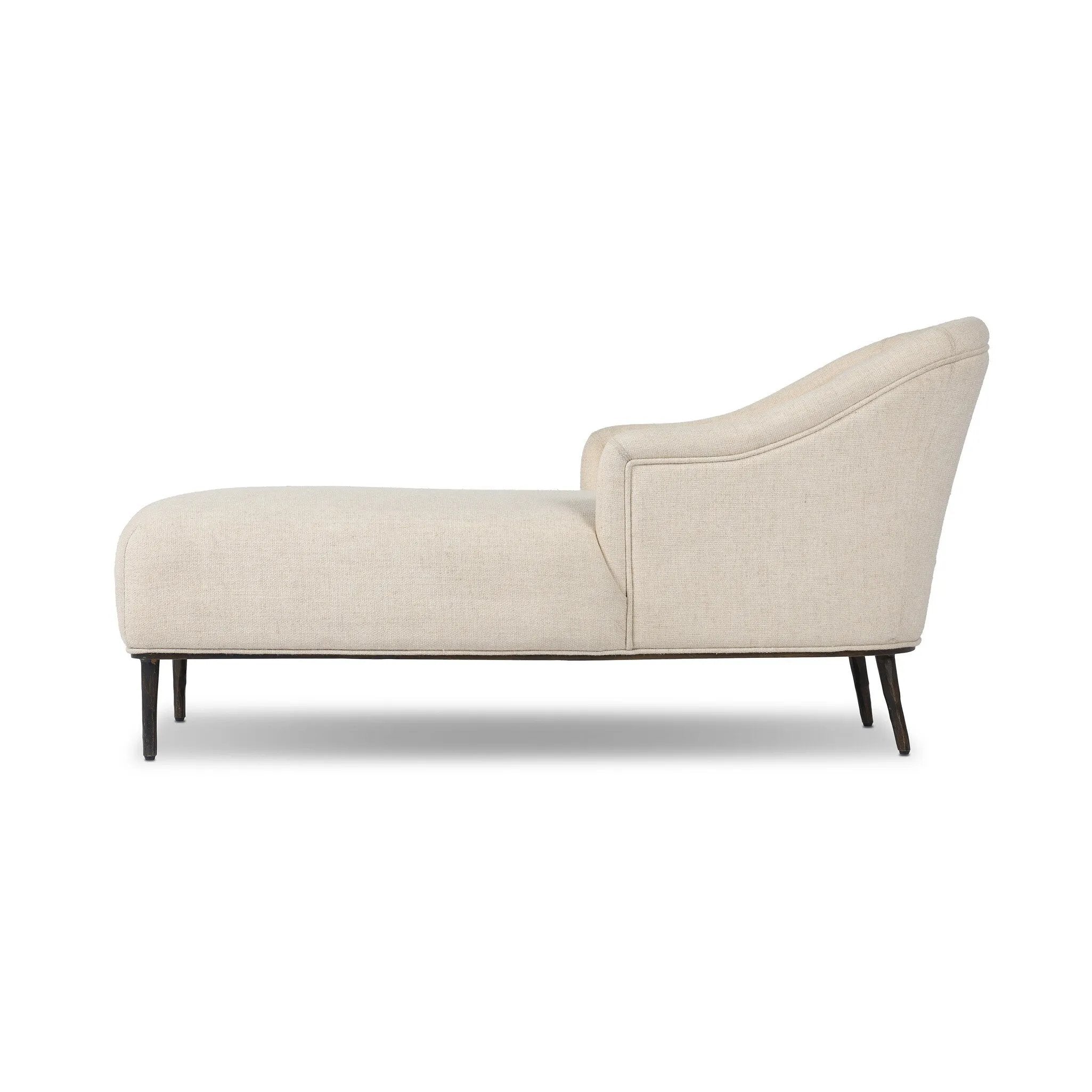 With elements of past eras at play, this updated Deco chaise features a rounded back, sloped arms and a dramatic channel. The iron base and tapered legs support the cushiony seating — built with spring suspensions for long-lasting comfort. Amethyst Home provides interior design, new home construction design consulting, vintage area rugs, and lighting in the San Diego metro area.