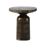 Forged from cast iron with a distressed bronze patina finish. A sturdy pedestal base and rounded square top create a functional, industrial-inspired piece.Collection: Marlo Amethyst Home provides interior design, new home construction design consulting, vintage area rugs, and lighting in the Houston metro area.