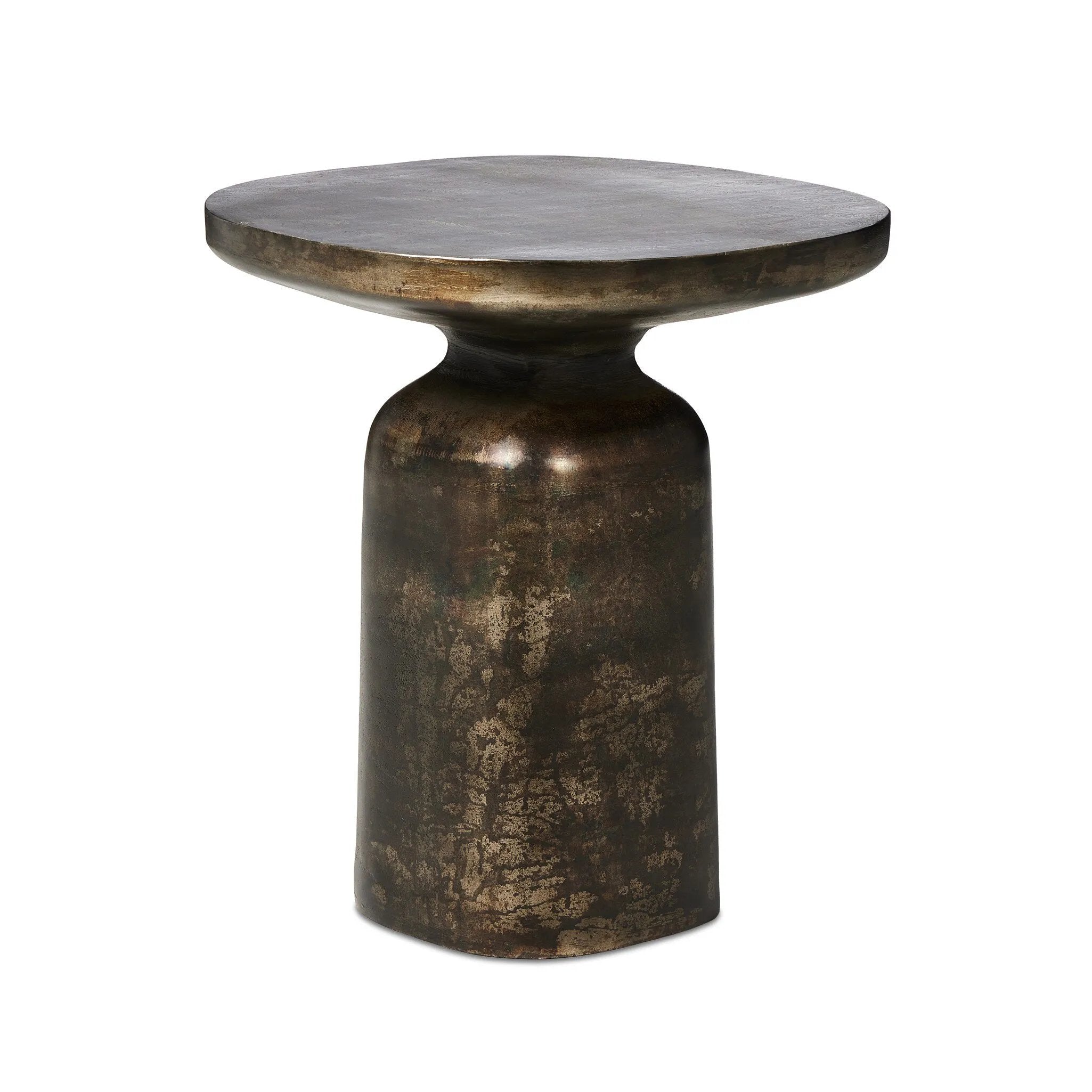 Forged from cast iron with a distressed bronze patina finish. A sturdy pedestal base and rounded square top create a functional, industrial-inspired piece.Collection: Marlo Amethyst Home provides interior design, new home construction design consulting, vintage area rugs, and lighting in the Park City metro area.