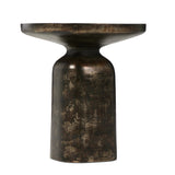Forged from cast iron with a distressed bronze patina finish. A sturdy pedestal base and rounded square top create a functional, industrial-inspired piece.Collection: Marlo Amethyst Home provides interior design, new home construction design consulting, vintage area rugs, and lighting in the Seattle metro area.