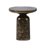 Forged from cast iron with a distressed bronze patina finish. A sturdy pedestal base and rounded square top create a functional, industrial-inspired piece.Collection: Marlo Amethyst Home provides interior design, new home construction design consulting, vintage area rugs, and lighting in the Tampa metro area.